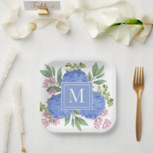 Blue Hydrangeas Modern Bouquet Custom Monogram  Paper Plate