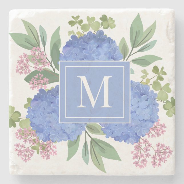 Blue Hydrangeas Modern Bouquet Custom Monogram  Stone Coaster (Front)