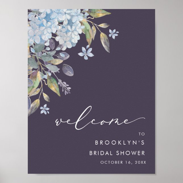 Blue Hydrangeas Navy Bridal Shower Welcome Poster (Front)