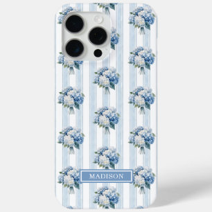 Blue Hydrangeas on Stripes iPhone 15 Pro Max Case