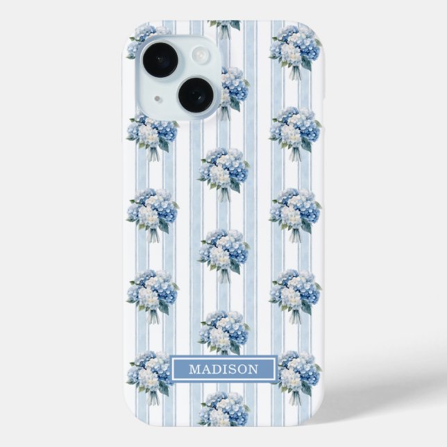 Blue Hydrangeas on Stripes Case-Mate iPhone Case (Back)