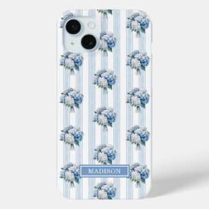 Blue Hydrangeas on Stripes iPhone 15 Mini Case