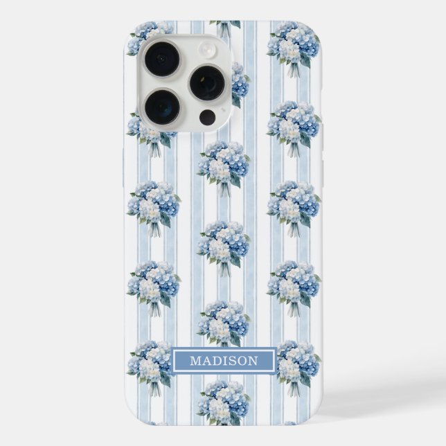 Blue Hydrangeas on Stripes iPhone Case (Back)