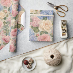 Blue HydrangeaS Pink Peonies Floral Elegant  Wrapping Paper