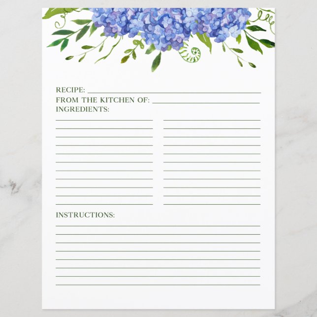 Blue Hydrangeas Recipe Page (Front)