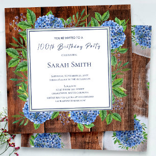 Blue Hydrangeas Rustic Wood 100th Birthday Party Invitation