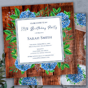Blue Hydrangeas Rustic Wood 18th Birthday Party  Invitation