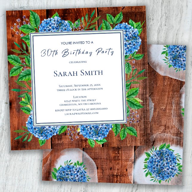 Blue Hydrangeas Rustic Wood 30th Birthday Party  Invitation (Creator Uploaded)