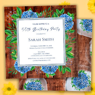 Blue Hydrangeas Rustic Wood 50th Birthday Party Invitation
