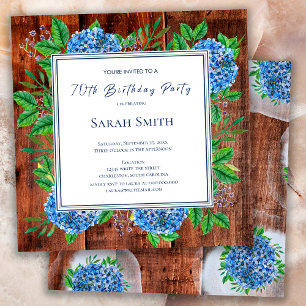 Blue Hydrangeas Rustic Wood 70th Birthday Party Invitation