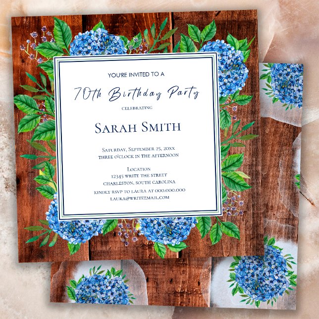 Blue Hydrangeas Rustic Wood 70th Birthday Party Invitation (Creator Uploaded)
