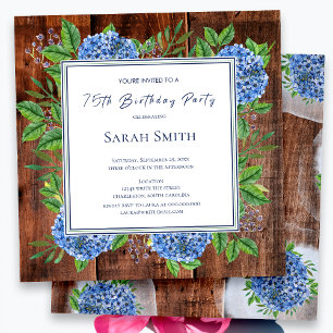 Blue Hydrangeas Rustic Wood 75th Birthday Party Invitation