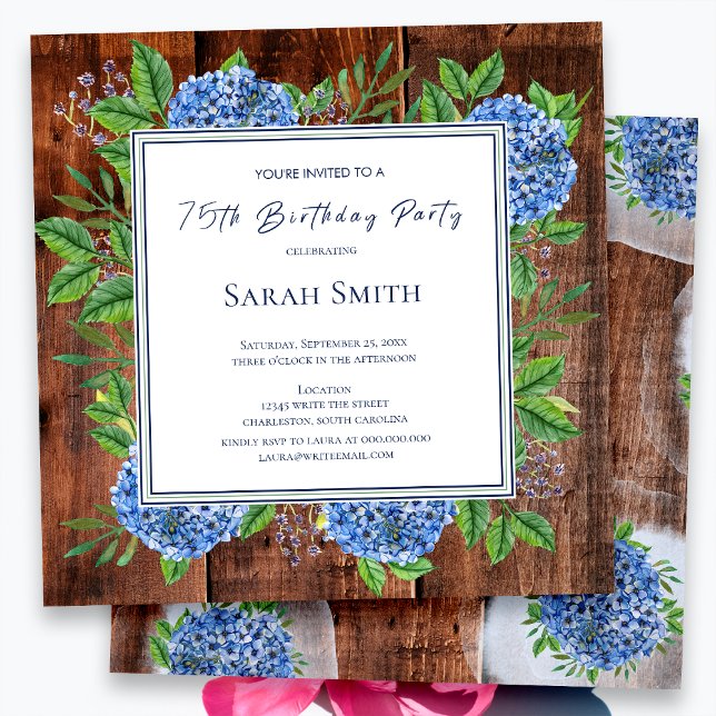 Blue Hydrangeas Rustic Wood 75th Birthday Party Invitation (Creator Uploaded)