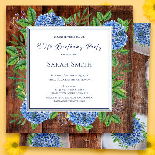 Blue Hydrangeas Rustic Wood 80th Birthday Party Invitation