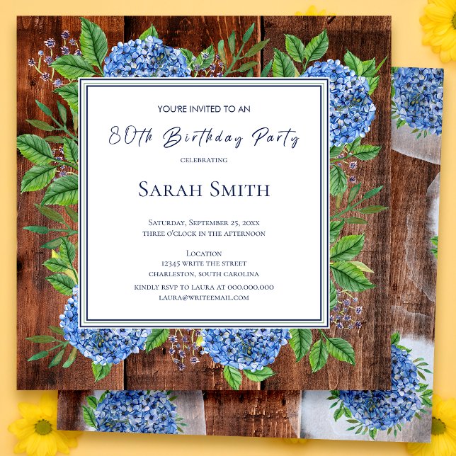 Blue Hydrangeas Rustic Wood 80th Birthday Party Invitation (Creator Uploaded)