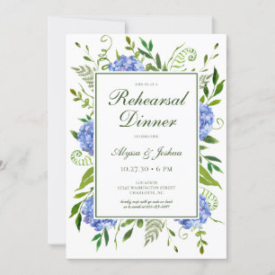 Blue Hydrangeas Script Rehearsal Dinner Invitation