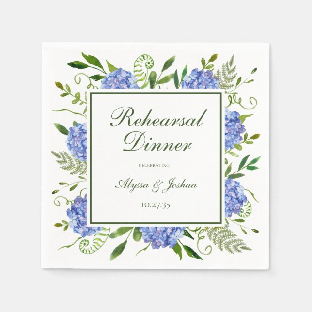 Blue Hydrangeas Script Rehearsal Dinner Napkin (Front)