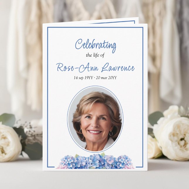 Blue hydrangeas summer flowers funeral folded program (Creator Uploaded)