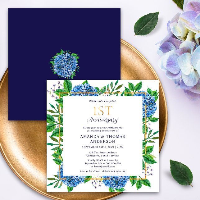 Blue Hydrangeas Surprise 1st Wedding Anniversary Invitation (Creator Uploaded)