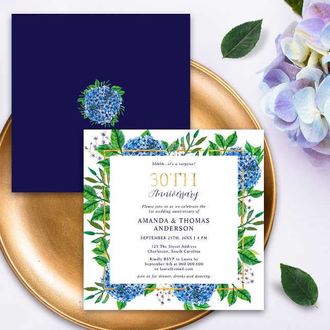 Blue Hydrangeas Surprise 30th Wedding Anniversary Invitation (Creator Uploaded)