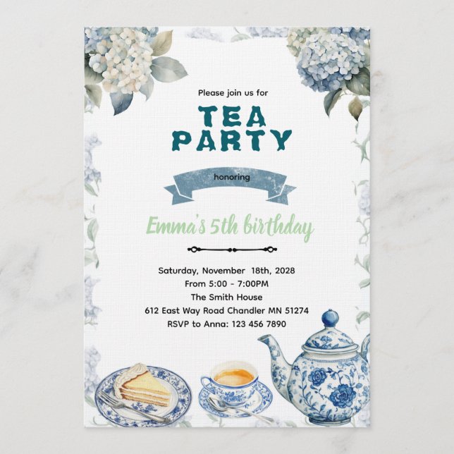 Blue Hydrangeas tea party Invitation (Front)