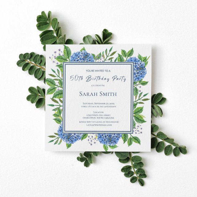 Blue Hydrangeas Watercolor 50th Birthday Party Invitation (Creator Uploaded)