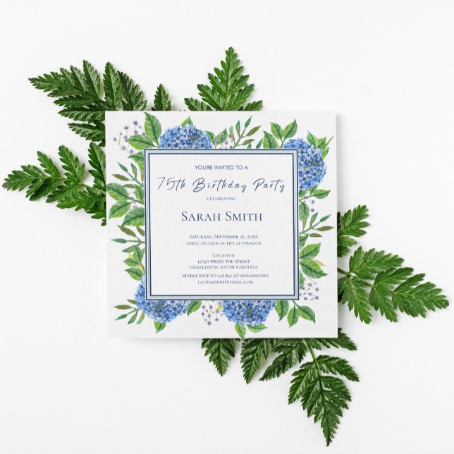 Blue Hydrangeas Watercolor 75th Birthday Party Invitation (Creator Uploaded)