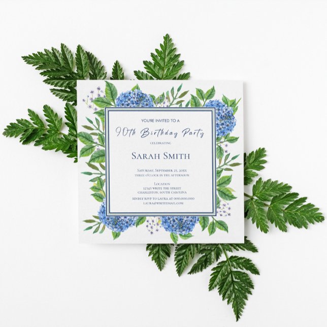 Blue Hydrangeas Watercolor 90th Birthday Party Invitation (Creator Uploaded)