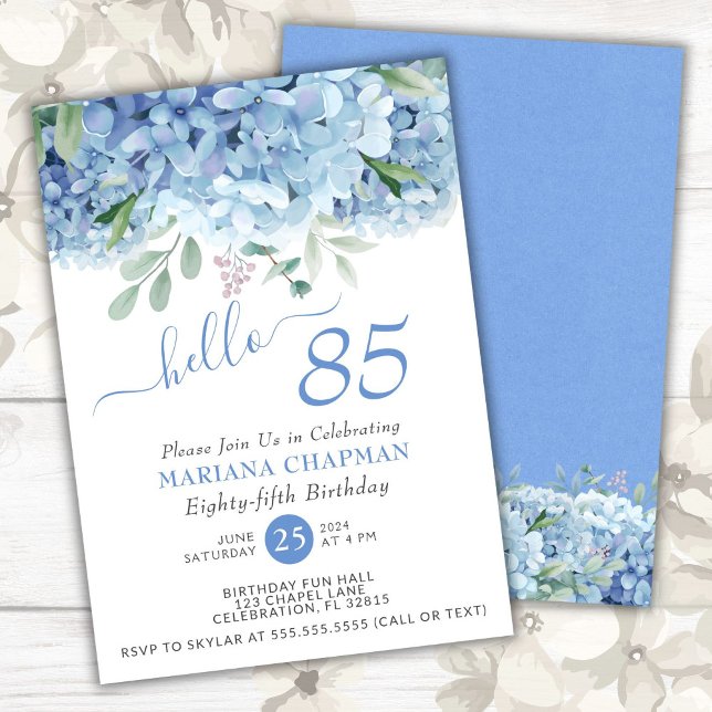 Blue Hydrangeas Watercolor Floral 85th Birthday Invitation (Creator Uploaded)