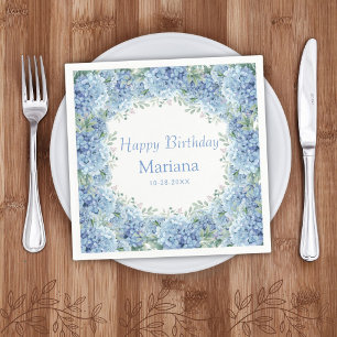 Blue Hydrangeas Watercolor Floral Birthday Napkin