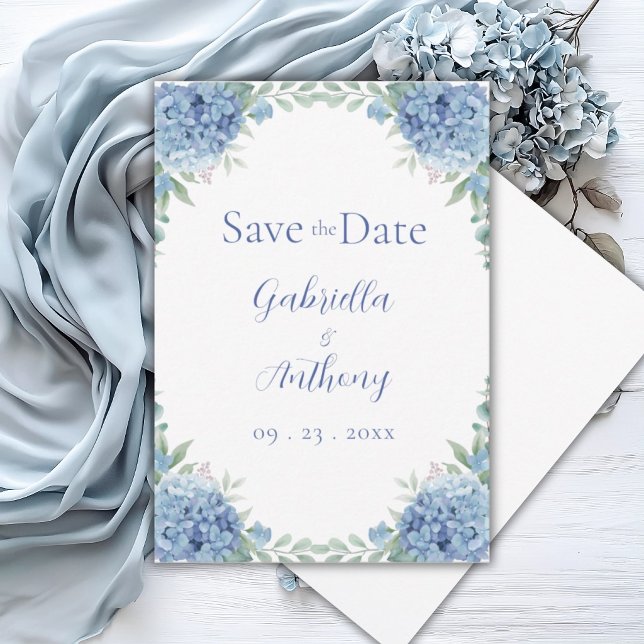 Blue Hydrangeas Watercolor Floral Script Save The Date (Creator Uploaded)