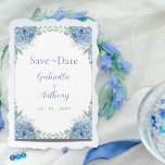 Blue Hydrangeas Watercolor Floral Script Save The Date<br><div class="desc">Pretty blue watercolor hydrangeas using soft watercolors are perfect for this spring and summer wedding “Save the Date” wedding reminder. Coordinating blue script and typography. Customise as needed. To customise click the "customise further" link and use the design tool to make changes. Many different paper selections, as well as paper...</div>