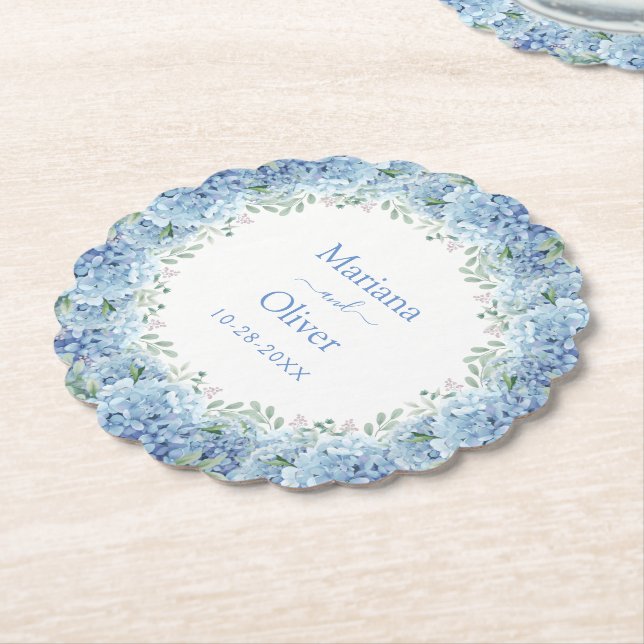 Blue Hydrangeas Watercolor Floral Wedding Paper Coaster (Angled)