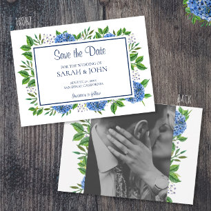 Blue Hydrangeas Watercolor Photo Save the Date Invitation