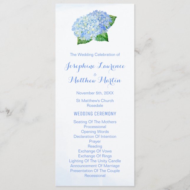Blue Hydrangeas Watercolor Wedding Programs (Front)