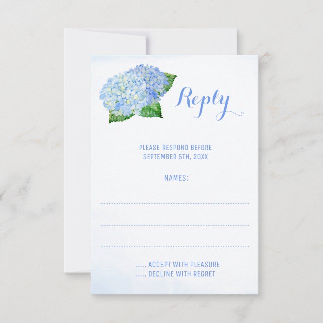 Blue Hydrangeas Watercolor Wedding Reply Cards (Front)