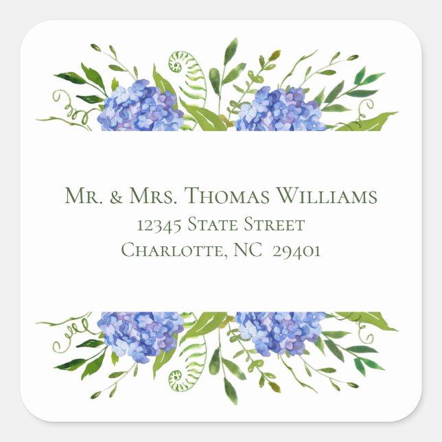 Blue Hydrangeas Wedding Address Square Sticker (Front)