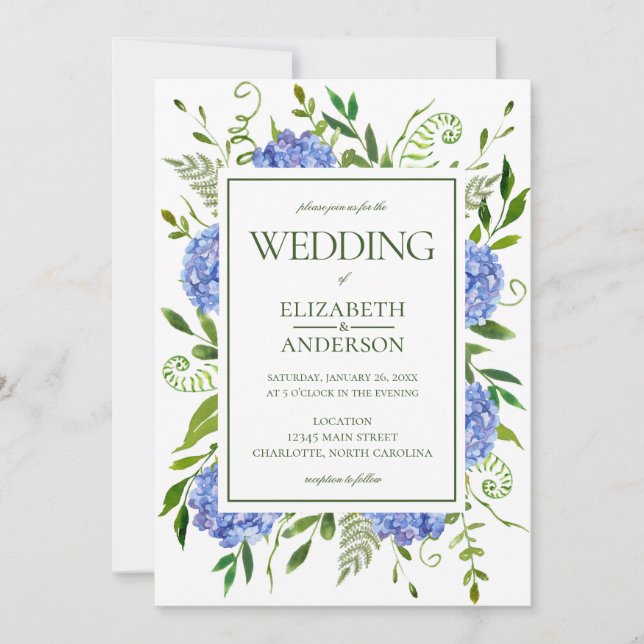 Blue Hydrangeas Wedding Invitation (Front)