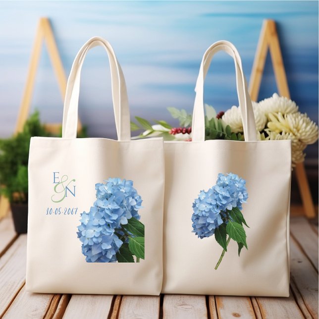 Blue Hydrangeas Wedding Monogrammed Tote Bag (Creator Uploaded)
