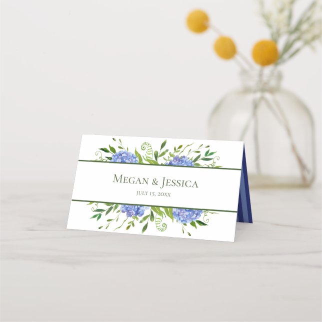 Blue Hydrangeas Wedding Place Card (Back)