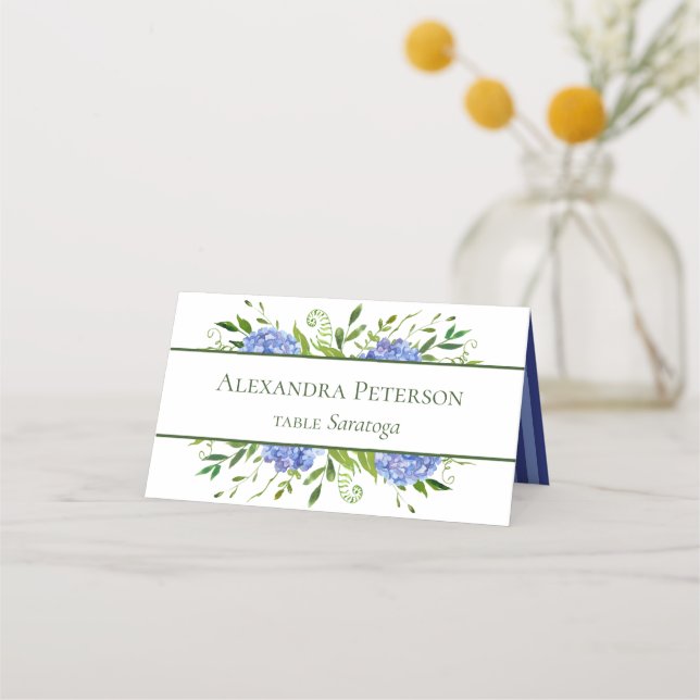 Blue Hydrangeas Wedding Place Card (Front)