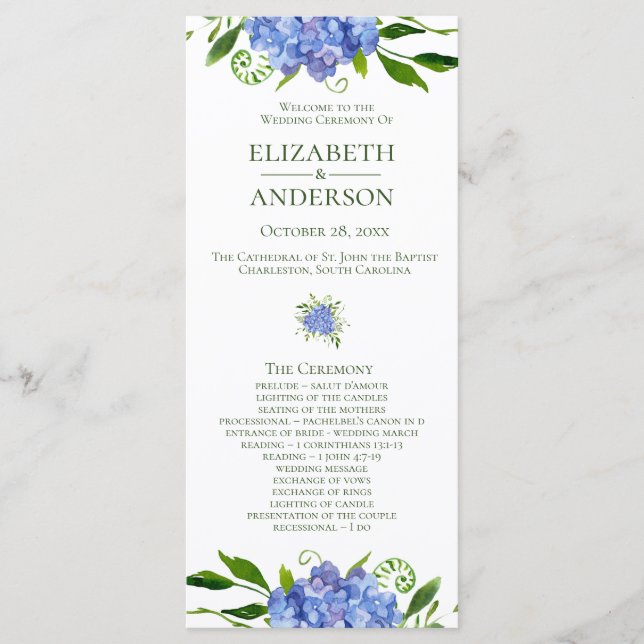 Blue Hydrangeas Wedding Program (Front)