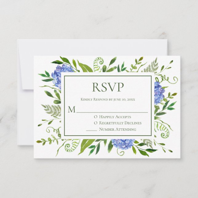 Blue Hydrangeas Wedding RSVP Card (Front)