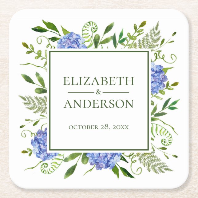 Blue Hydrangeas Wedding Square Paper Coaster (Front)
