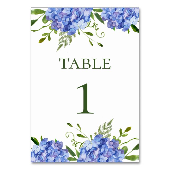 Blue Hydrangeas Wedding Table Number (Front)