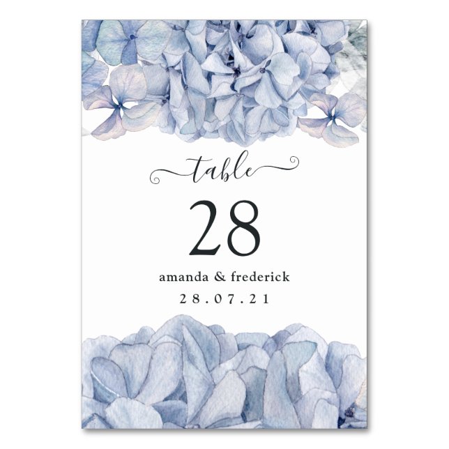 Blue Hydrangeas Wedding Table Number (Front)