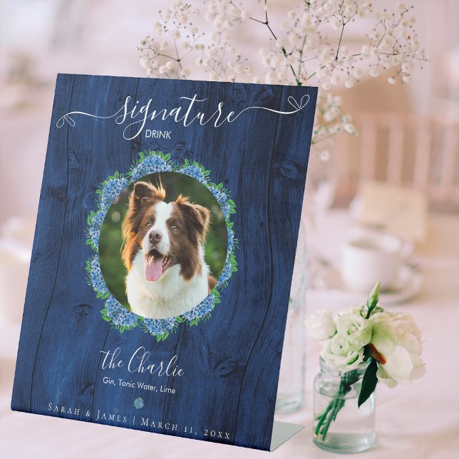 Blue Hydrangeas Wood 1 Photo Signature Pet Drink Pedestal Sign (Creator Uploaded)