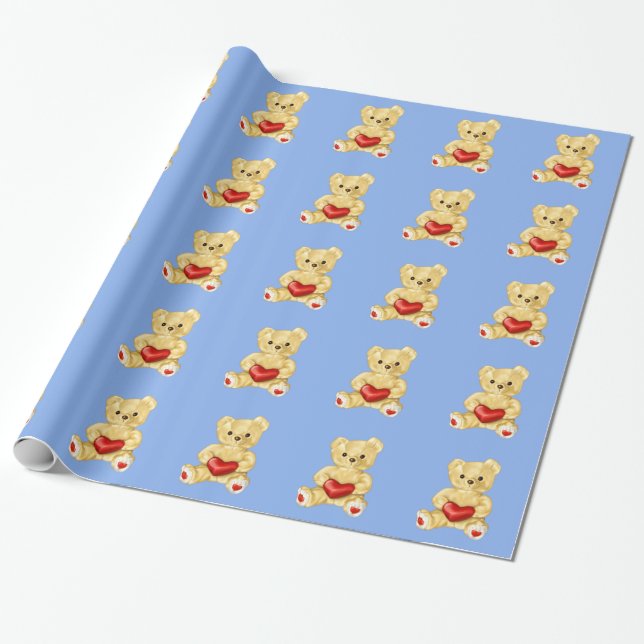 Blue Hypnotising Cute Teddy Bear Pattern Wrapping Paper (Unrolled)