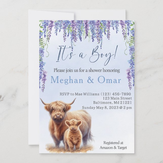 Blue Hyrdrangeas Highland cow baby shower Invitation (Front)