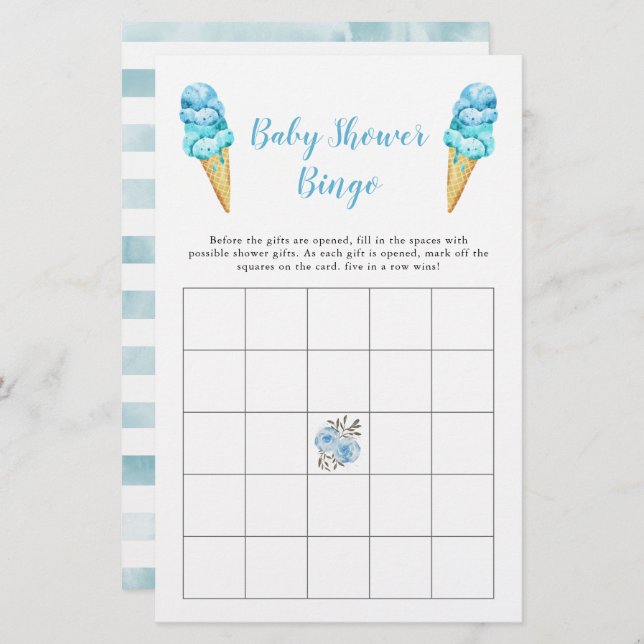 Blue Ice Cream Baby Shower Bingo Game (Front/Back)